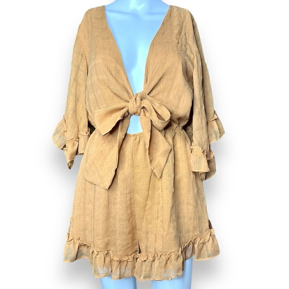 Angel Biba Ruffle Sleeve Front Tie Romper Copper Tan Size Medium